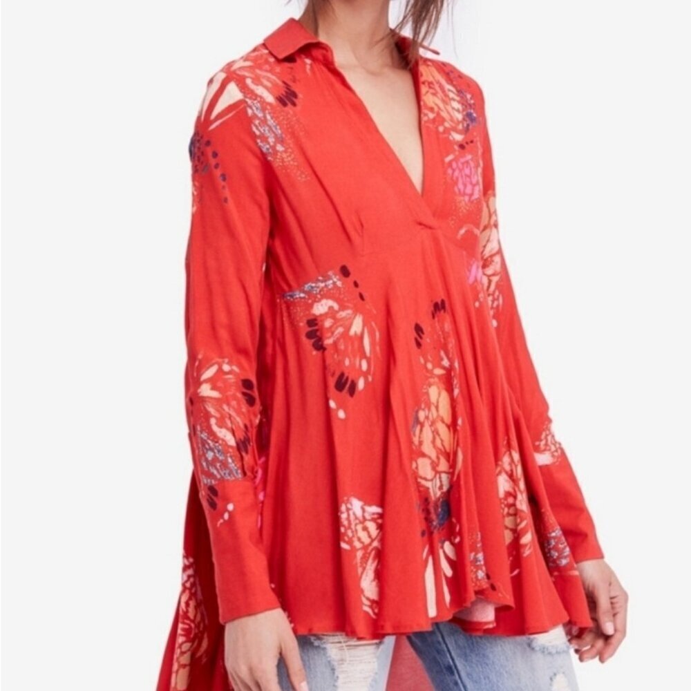 Free People Field Of Butterflies Floral Red Swing Top Size Medium